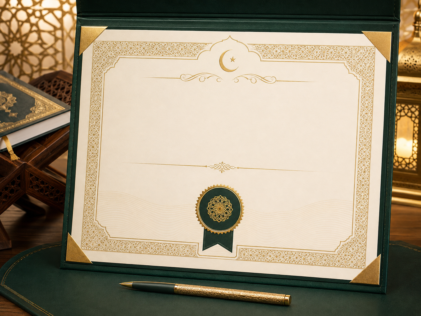Online Quran learning desk with Quran and certificate of achievement